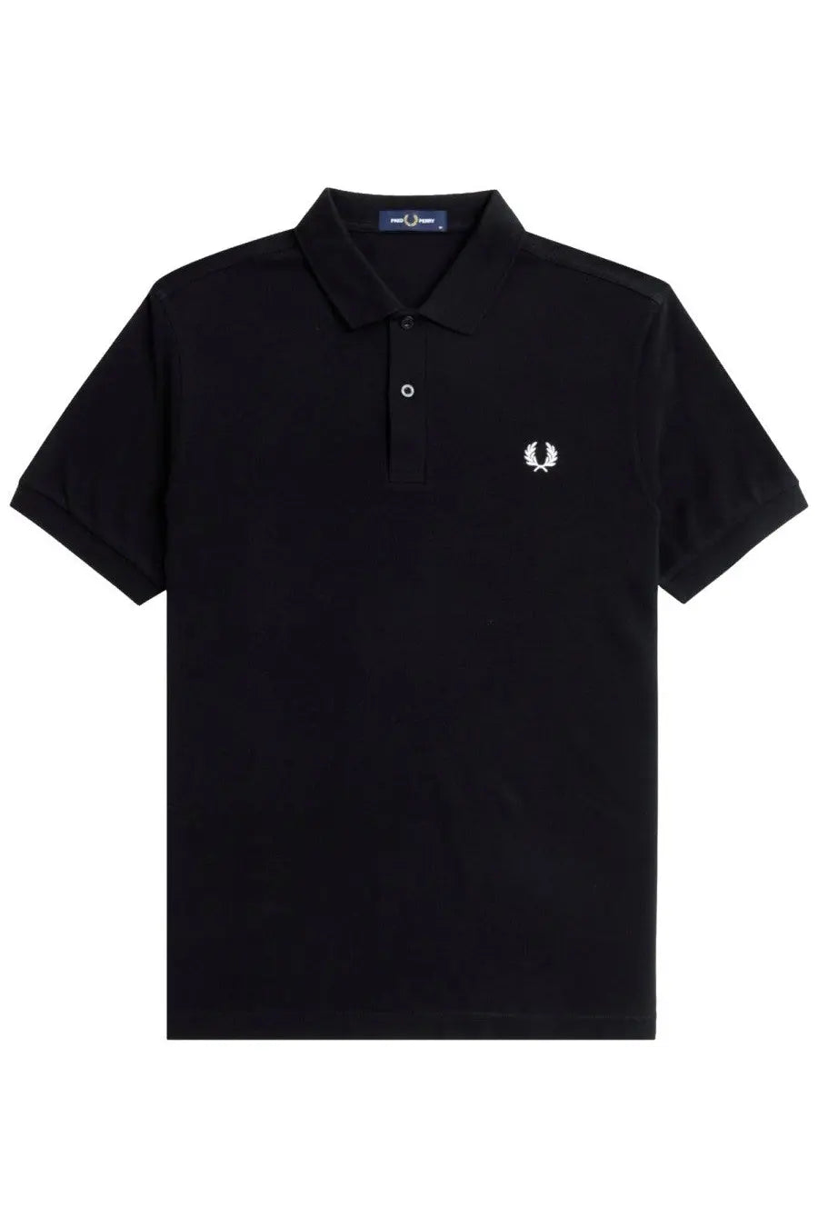 Fred Perry men’s black polo shirt with white embroidered laurel wreath logo and matching buttoned collar