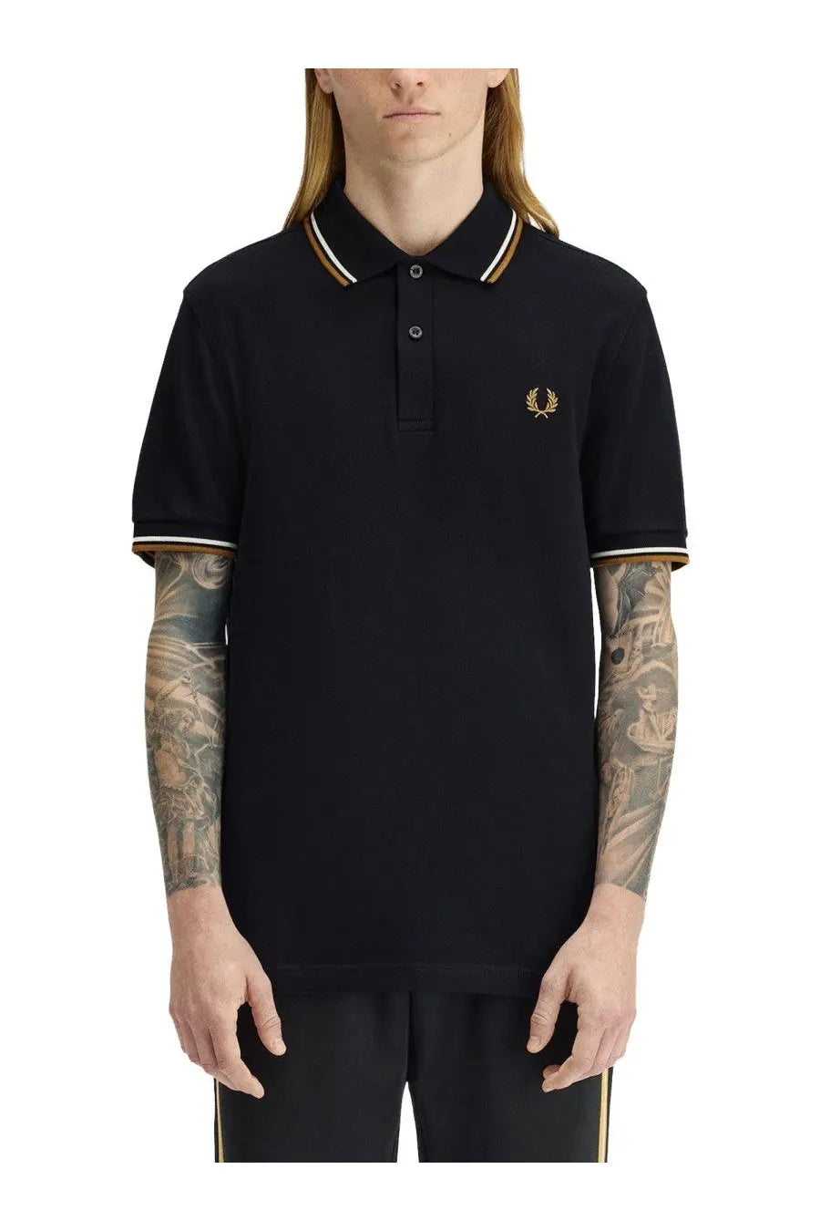 Fred Perry men’s black polo shirt with gold and white trim and embroidered laurel wreath logo on chest