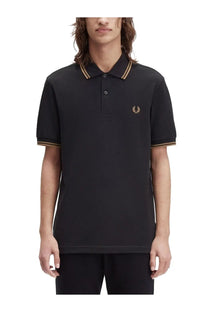 Fred Perry men’s black polo shirt with gold-trimmed collar and cuffs featuring embroidered laurel wreath logo