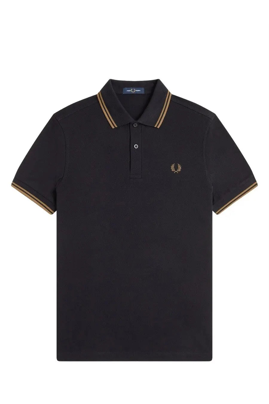 Fred Perry men’s black polo shirt with gold-trimmed collar and cuffs featuring an embroidered laurel wreath logo
