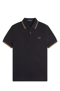 Fred Perry men’s black polo shirt with gold-trimmed collar and cuffs featuring an embroidered laurel wreath logo