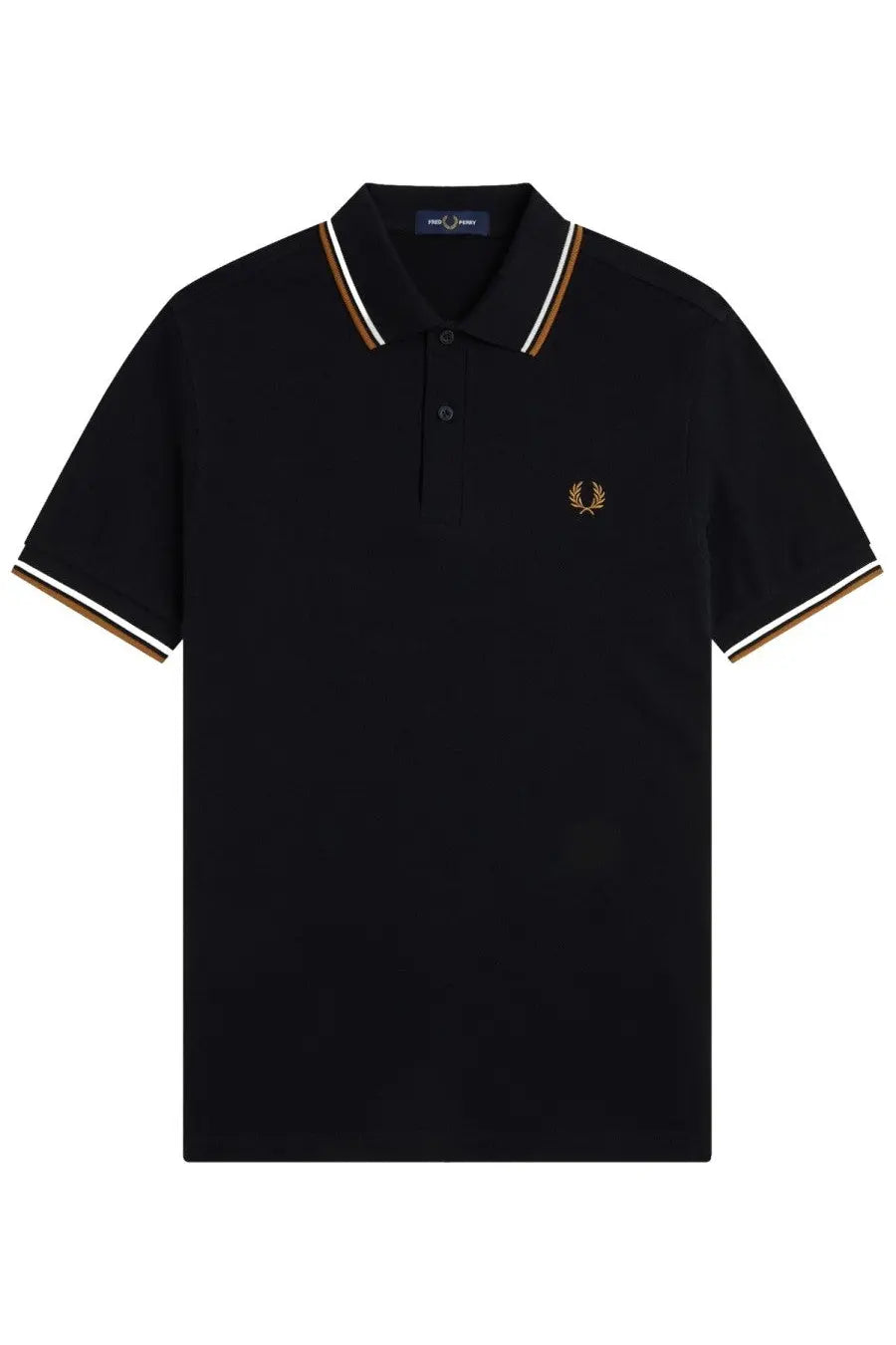 Fred Perry men’s black polo shirt with white and gold trim and embroidered laurel wreath logo on chest