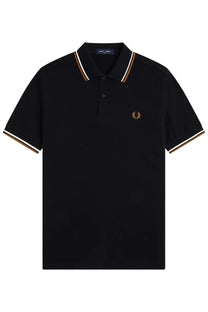 Fred Perry men’s black polo shirt with white and gold trim and embroidered laurel wreath logo on chest
