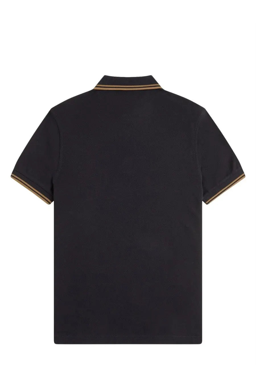 Fred Perry men’s black short-sleeved polo shirt with gold and black striped collar and sleeve cuffs