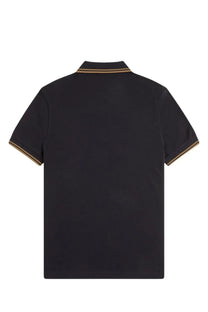 Fred Perry men’s black short-sleeved polo shirt with gold and black striped collar and sleeve cuffs