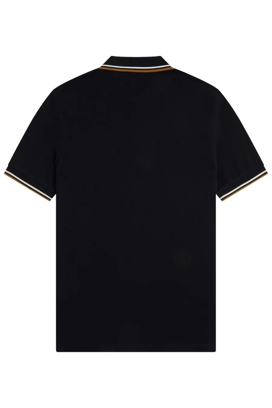 Fred Perry men’s black short-sleeved polo shirt with ribbed collar and cuffs featuring white and tan stripes