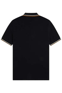 Fred Perry men’s black short-sleeved polo shirt with ribbed collar and cuffs featuring white and tan stripes