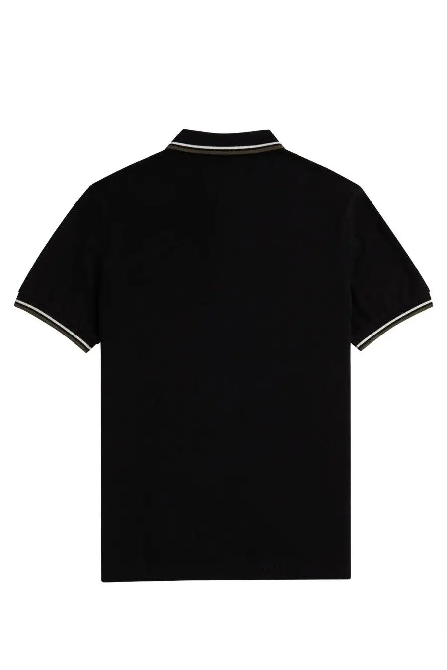 Fred Perry men’s black polo shirt with short sleeves and white gray striped trim on collar and cuffs