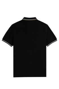 Fred Perry men’s black polo shirt with short sleeves and white gray striped trim on collar and cuffs