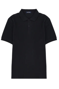 Black Fred Perry men’s polo shirt with classic collar and short sleeves shown from the front for casual wear