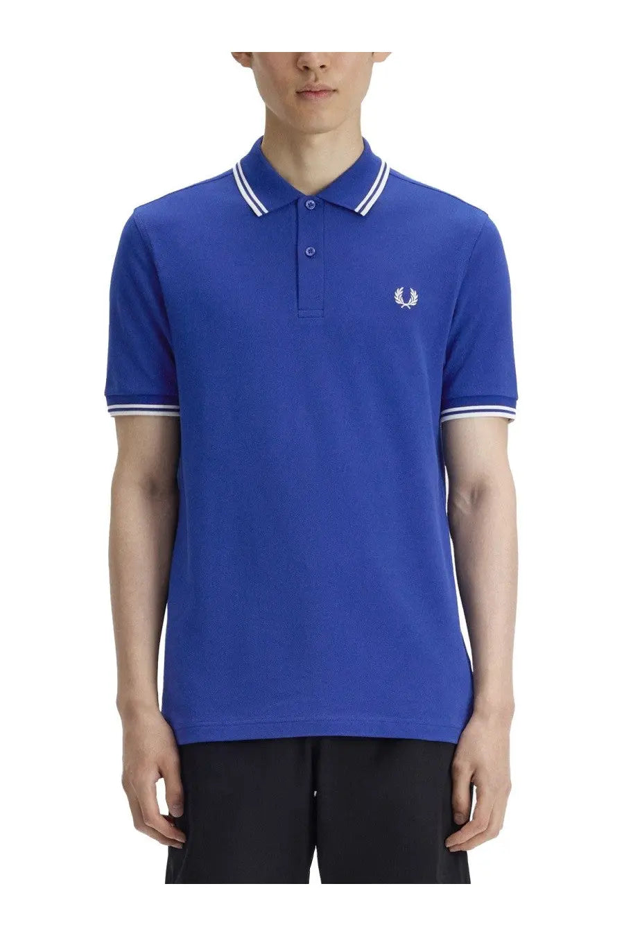 Fred Perry men’s polo blue royal blue shirt with white trim and embroidered laurel wreath logo on chest