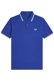 Fred Perry men’s polo blue royal blue shirt with white trim and embroidered laurel wreath logo on chest