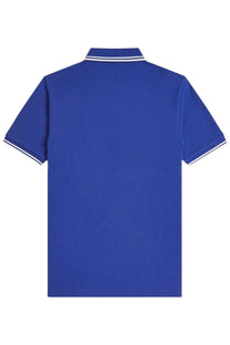 Fred Perry men’s royal blue short-sleeved polo shirt with white trim on collar and sleeve cuffs