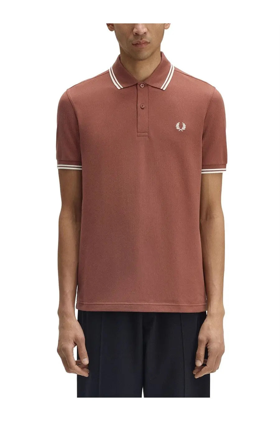 Fred perry men’s polo brown dusty rose with white trim collar sleeves and small embroidered chest logo