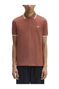 Fred perry men’s polo brown dusty rose with white trim collar sleeves and small embroidered chest logo