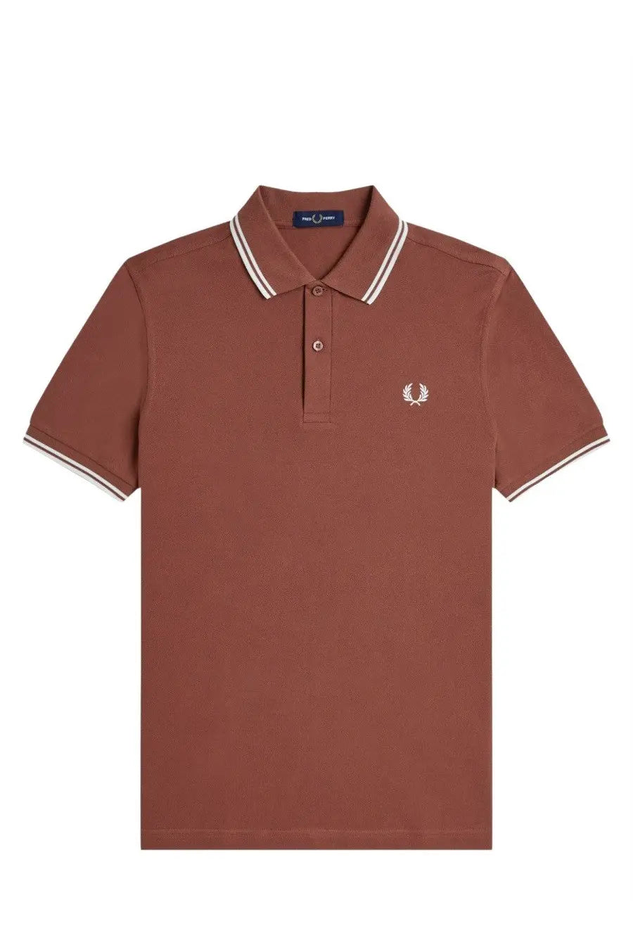 Fred Perry men’s polo brown rust colored with white trim and embroidered laurel wreath logo on chest