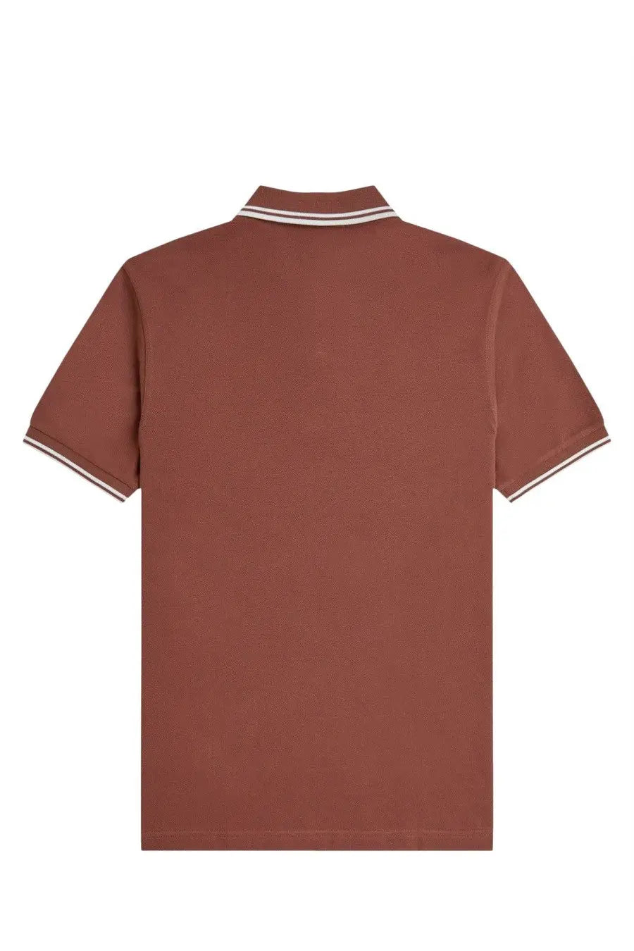 Fred Perry men’s brown polo shirt with white and black striped trim on collar and sleeve cuffs