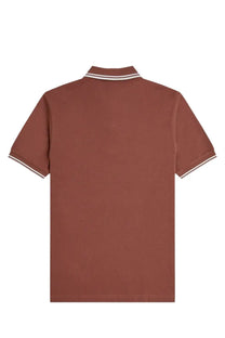Fred Perry men’s brown polo shirt with white and black striped trim on collar and sleeve cuffs