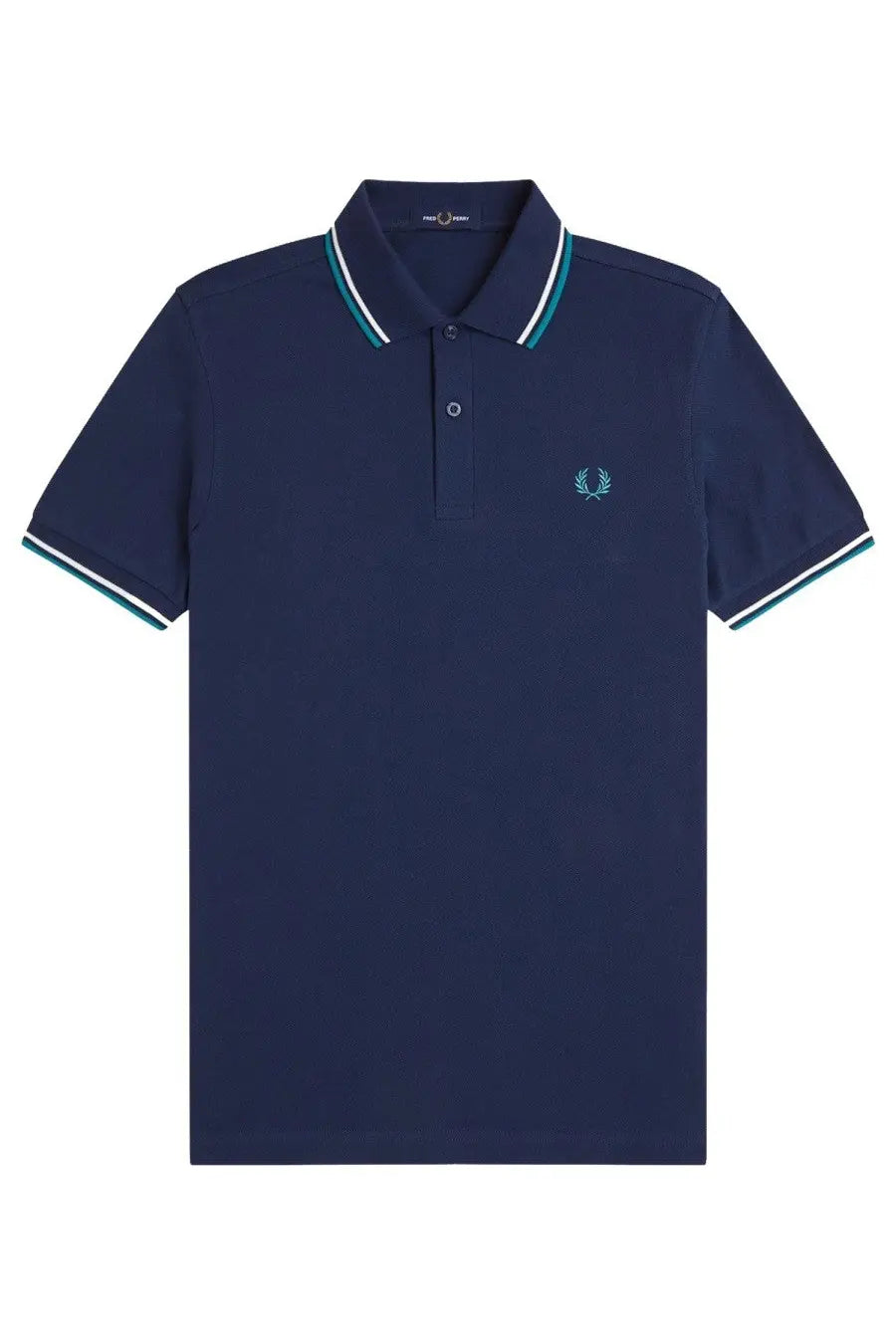 Navy blue fred perry men’s polo shirt with white teal trim and embroidered laurel wreath logo on chest