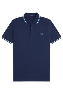 Navy blue fred perry men’s polo shirt with white teal trim and embroidered laurel wreath logo on chest