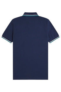Navy blue Fred Perry men’s polo con blue shirt with white and teal trim on collar and sleeve cuffs