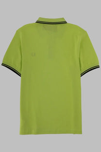 Fred Perry men’s polo con green shirt back side with vibrant lime green color black collar and sleeve trim embroidery