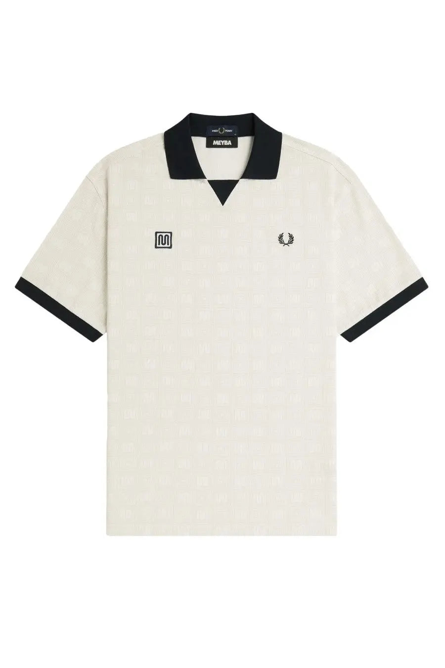 Fred Perry men’s cream-colored polo shirt with black collar, sleeve cuffs, and small embroidered chest logo
