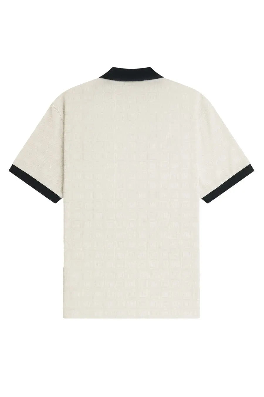 Cream-colored Fred Perry men’s polo con white with black ribbed collar and short sleeve cuffs perfect for casual wear