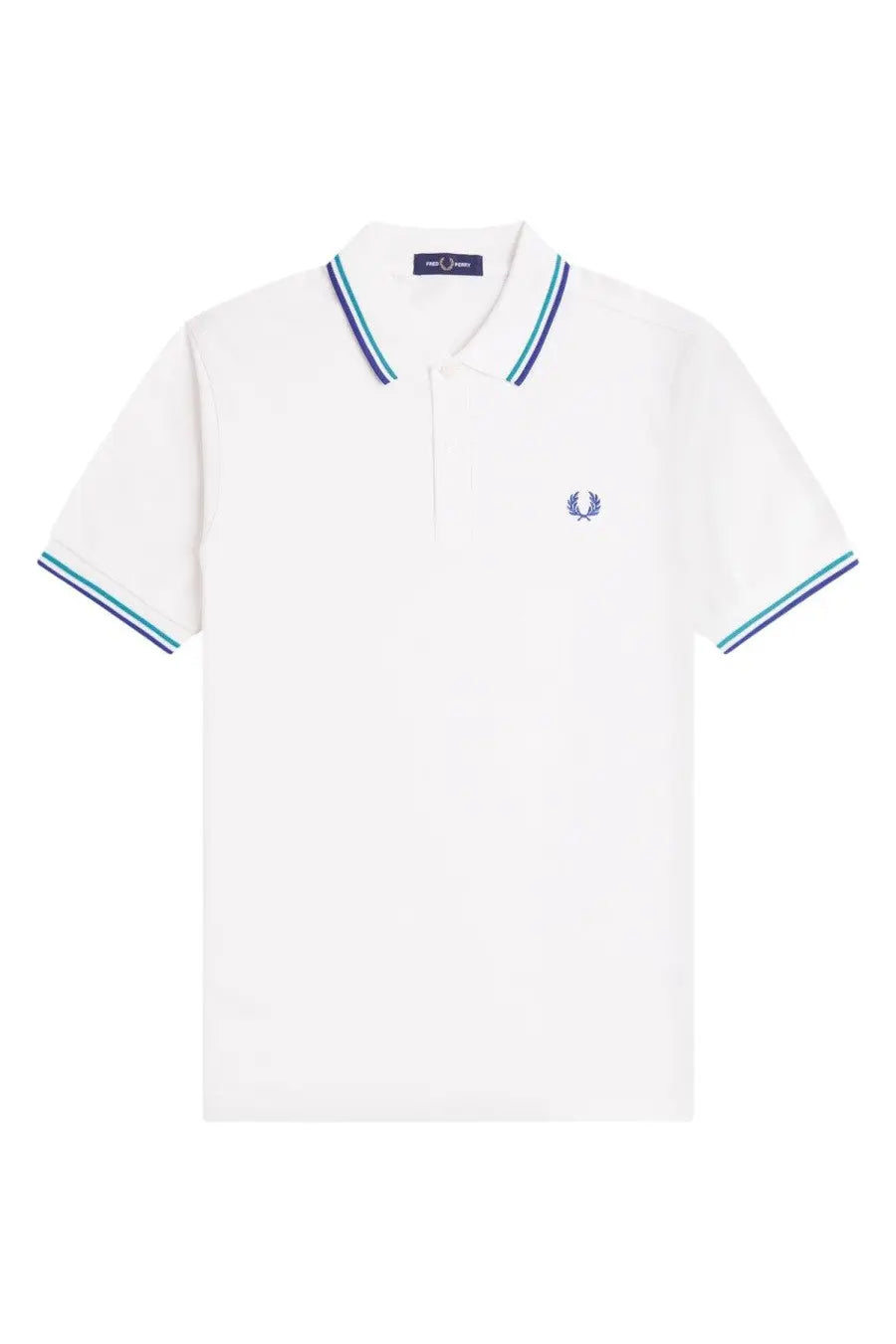 Fred Perry men’s white polo shirt with navy and teal striped collar and cuffs featuring embroidered laurel wreath logo