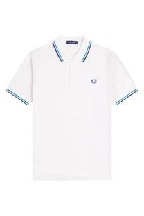 Fred Perry men’s white polo shirt with navy and teal striped collar and cuffs featuring embroidered laurel wreath logo