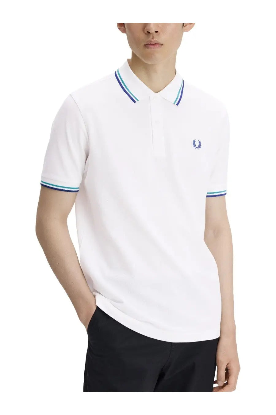 Fred Perry men’s white polo shirt with navy and light blue striped collar and sleeves and laurel wreath logo on chest