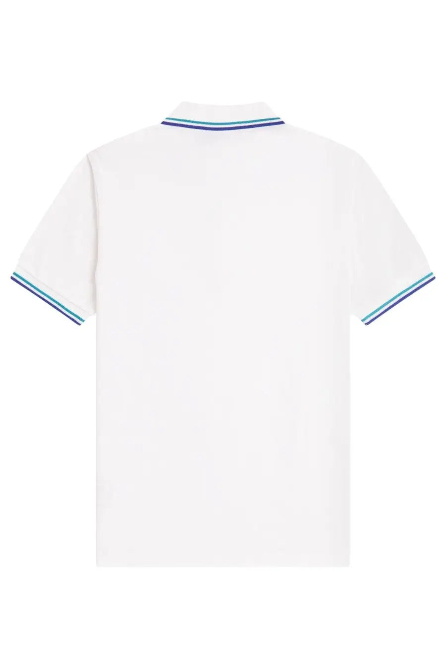 Fred Perry men’s white polo shirt with navy and teal striped trim on collar and sleeve cuffs