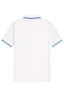 Fred Perry men’s white polo shirt with navy and teal striped trim on collar and sleeve cuffs