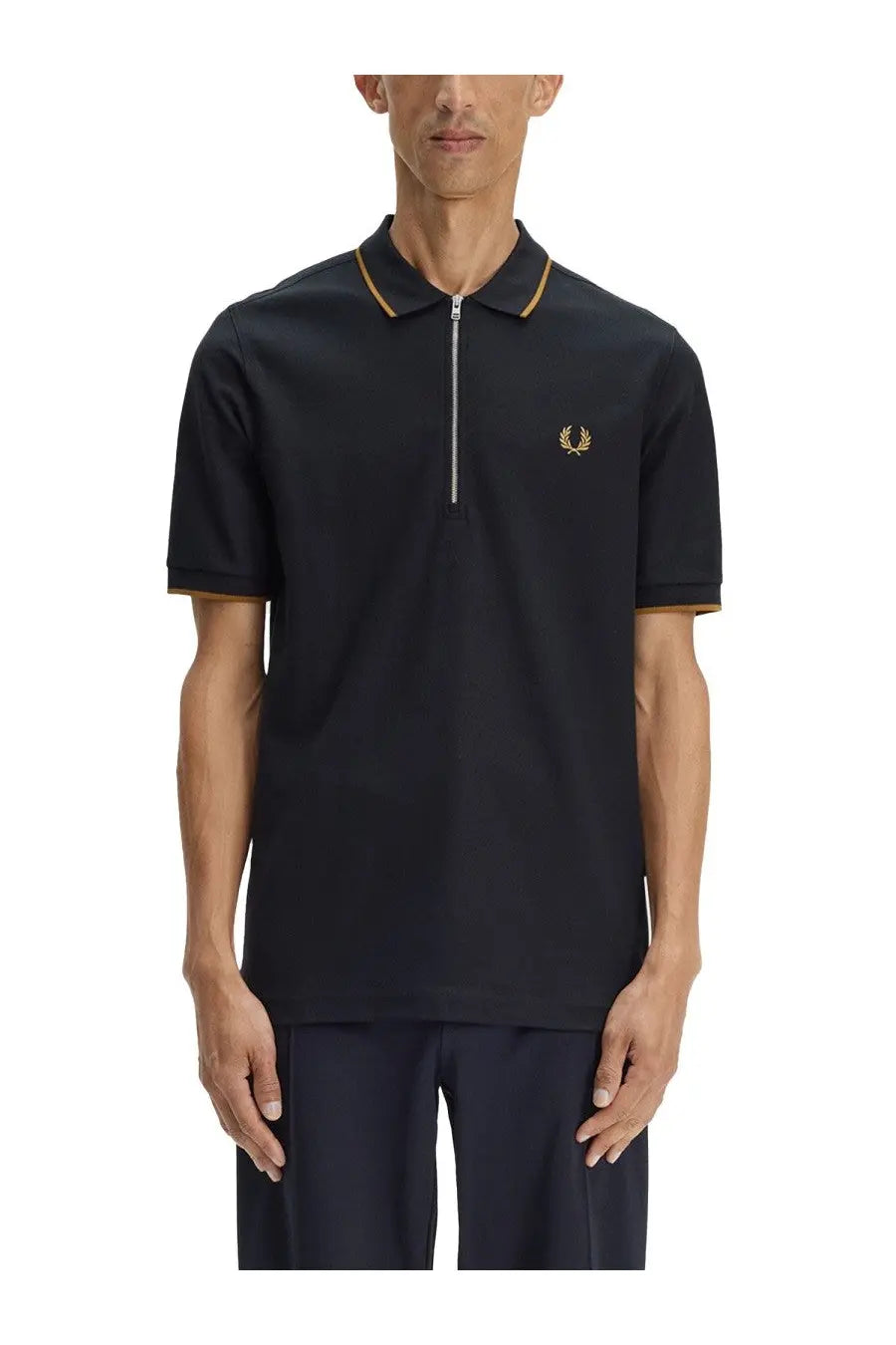 Fred Perry men’s black polo con zip shirt with gold trim collar and cuffs and embroidered laurel logo