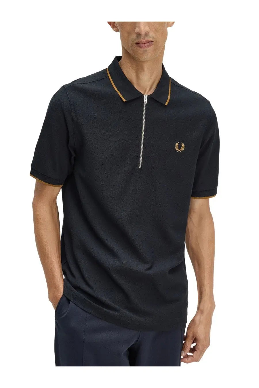 Fred Perry men’s black polo con zip shirt with gold trim and a zipper placket in a classic cotton material
