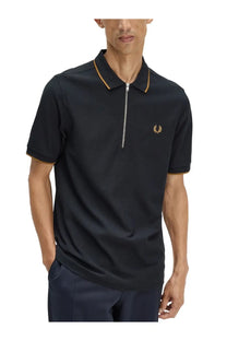 Fred Perry men’s black polo con zip shirt with gold trim and a zipper placket in a classic cotton material
