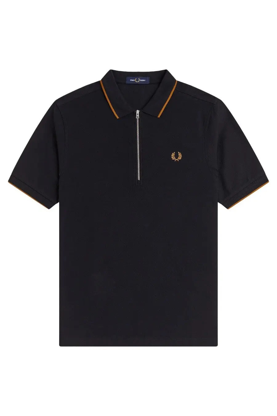 Fred Perry men’s black polo shirt with gold trim collar and cuffs silver zipper placket embroidered logo