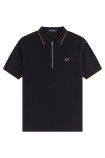 Fred Perry men’s black polo shirt with gold trim collar and cuffs silver zipper placket embroidered logo