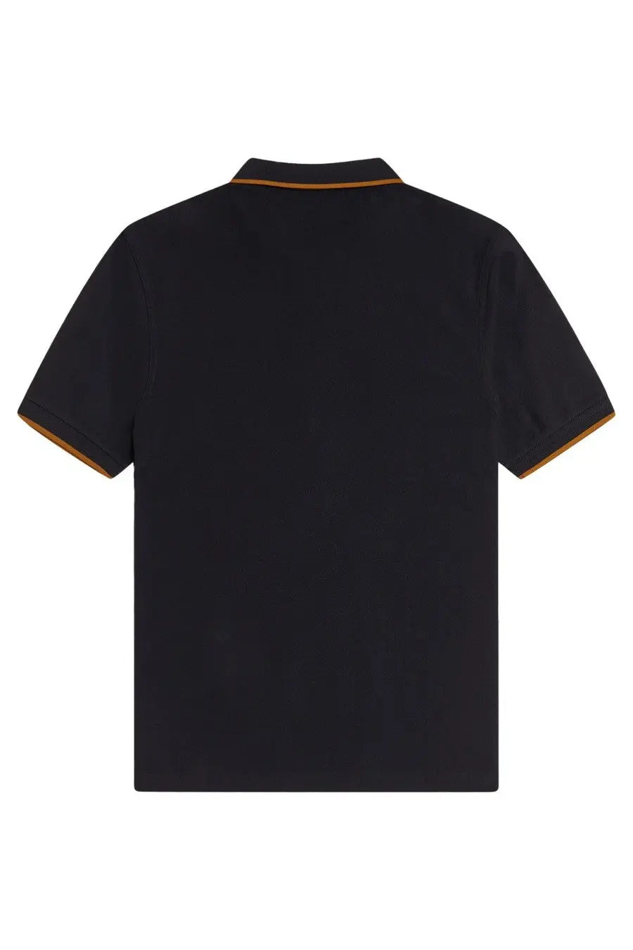 Fred Perry men’s black short-sleeved polo shirt with contrasting orange trim on collar and sleeve cuffs