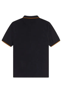 Fred Perry men’s black short-sleeved polo shirt with contrasting orange trim on collar and sleeve cuffs