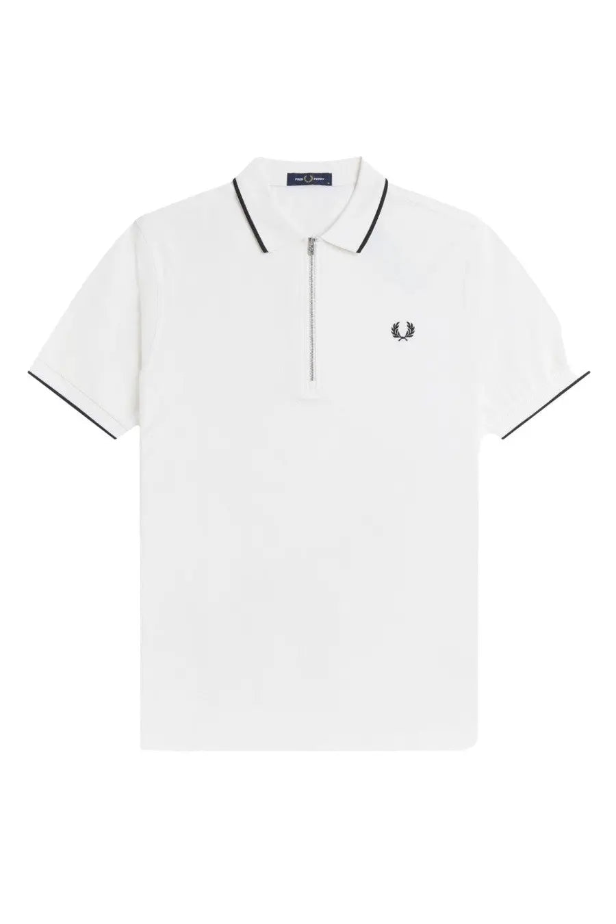 Fred Perry men’s white polo con zip shirt with black trim collar and cuffs and laurel wreath logo on chest