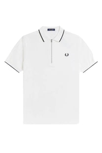 Fred Perry men’s white polo con zip shirt with black trim collar and cuffs and laurel wreath logo on chest