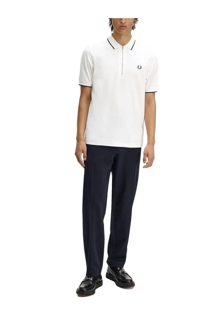 Fred Perry men’s white polo shirt with navy trim and small embroidered logo on chest with zip collar