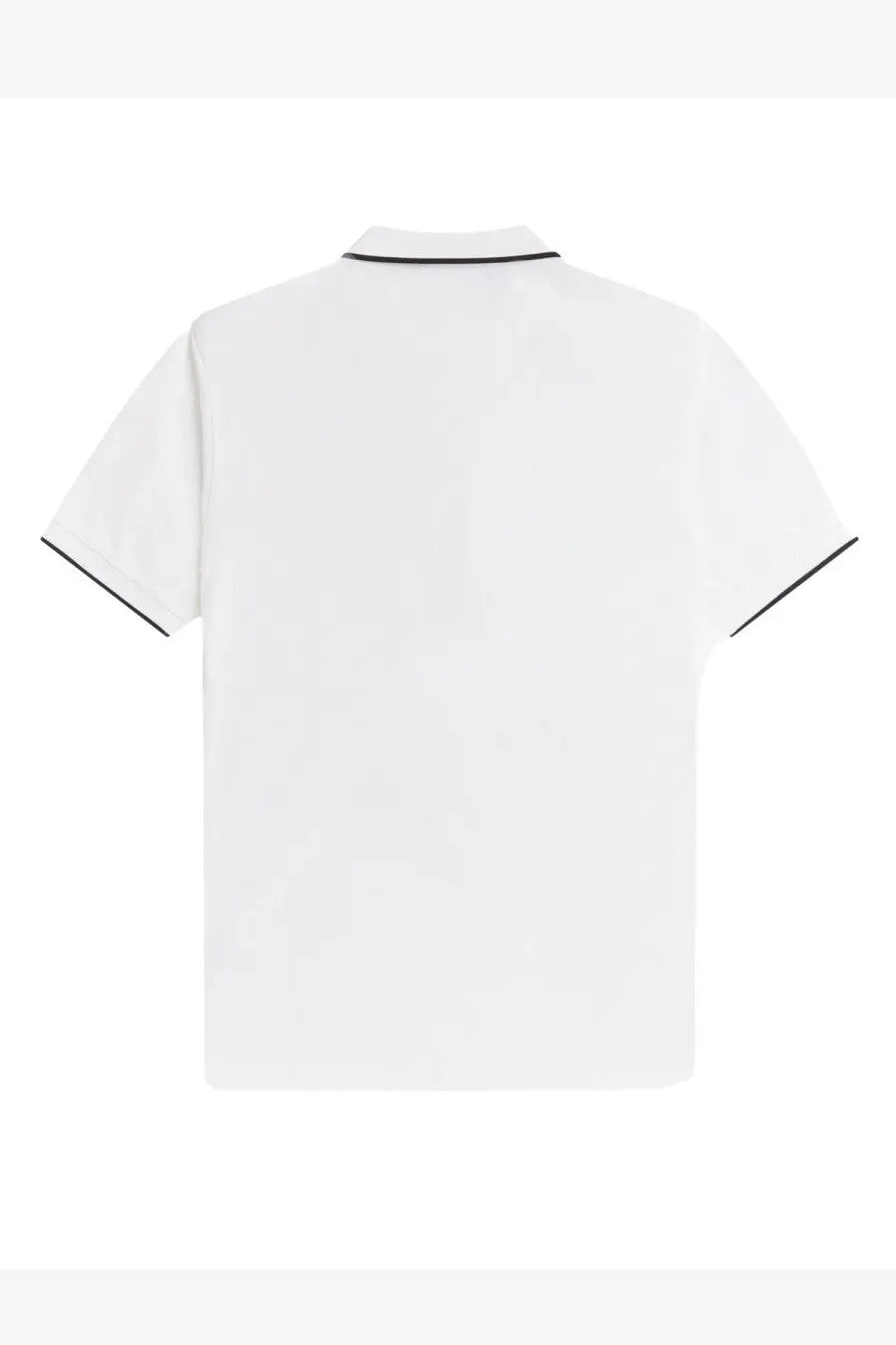 Fred Perry men’s white short-sleeved cotton polo shirt with black trim on collar and sleeve edges