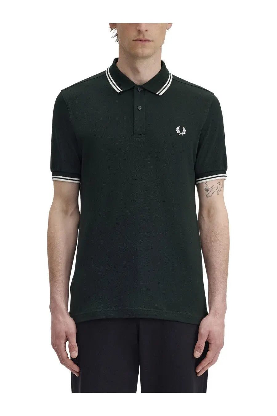 Fred Perry men’s polo green with dark green fabric white collar and sleeve trim and small embroidered chest logo