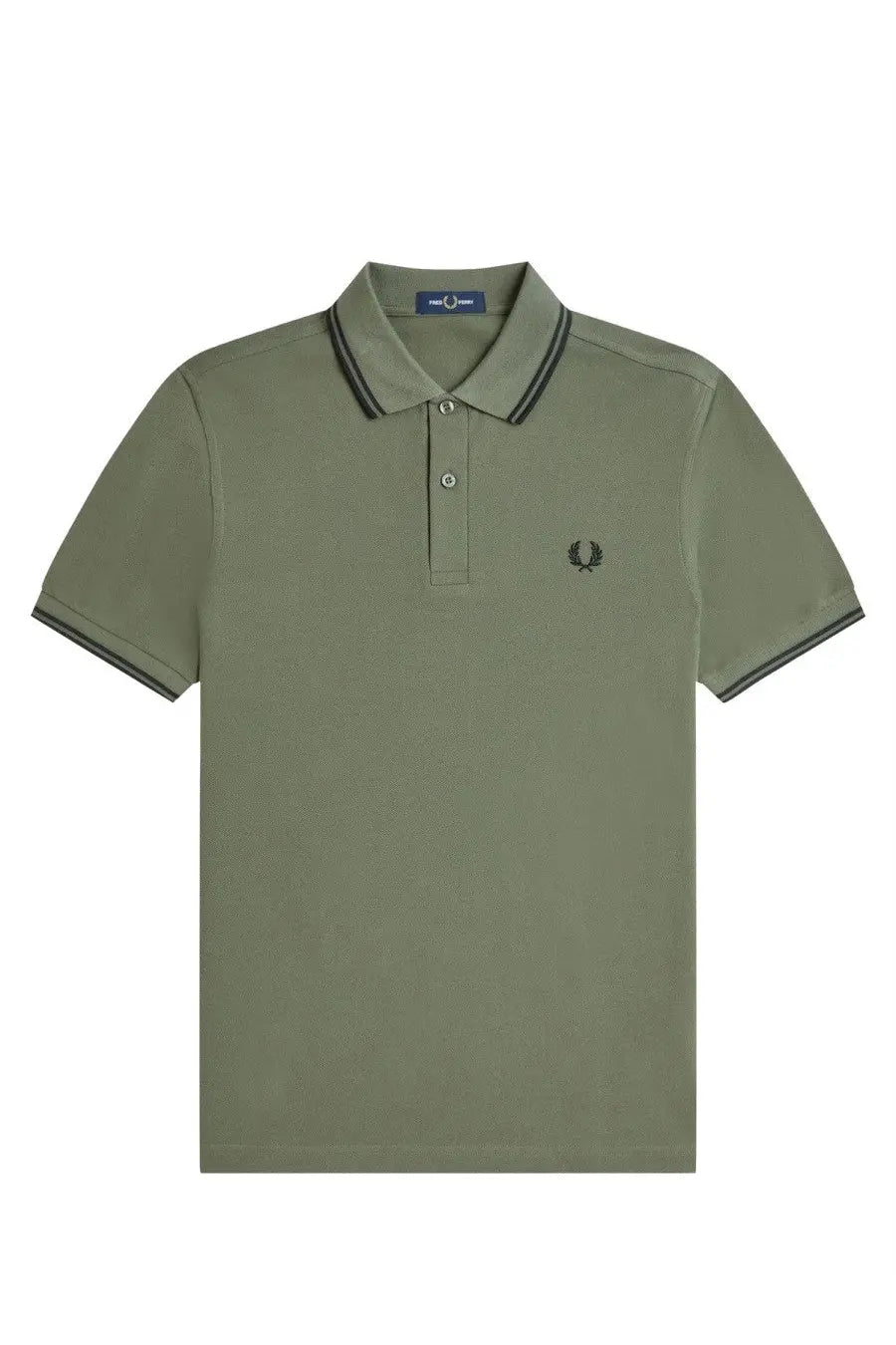 Fred Perry men’s olive green polo shirt with black trim and embroidered laurel wreath on the chest