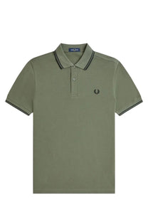 Fred Perry men’s olive green polo shirt with black trim and embroidered laurel wreath on the chest