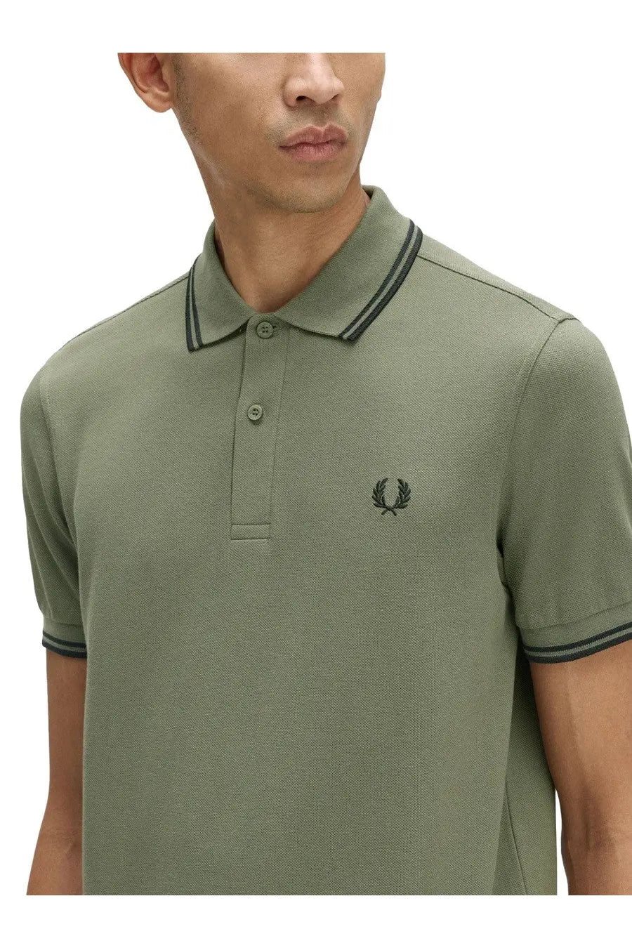Fred Perry men’s polo green olive green pique cotton shirt with black trim and embroidered laurel wreath logo