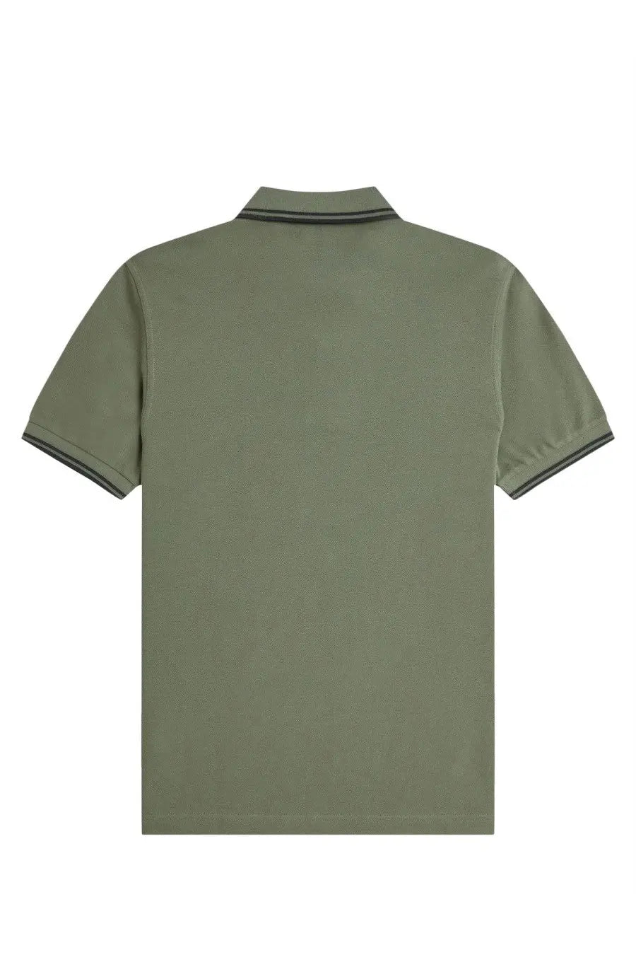 Fred Perry men’s olive green short-sleeved polo shirt with black trim on collar and sleeve cuffs