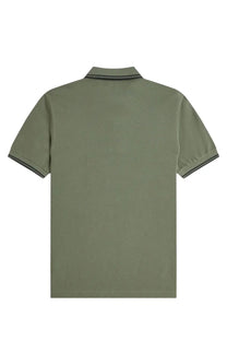 Fred Perry men’s olive green short-sleeved polo shirt with black trim on collar and sleeve cuffs